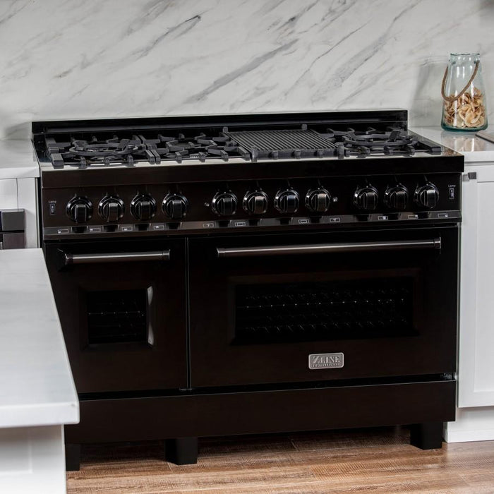ZLINE 48" Black Stainless, Gas Burner, Electric Oven Range, RAB - 48 - Farmhouse Kitchen and Bath