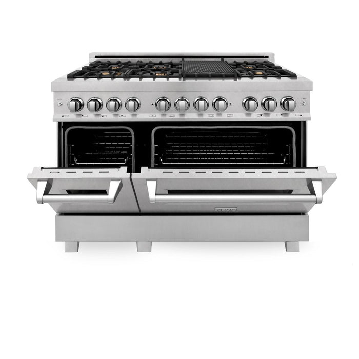 ZLINE 48" Dual Fuel Range, DuraSnow Stainless, Brass Burners, RAS - SN - BR - 48 - Farmhouse Kitchen and Bath