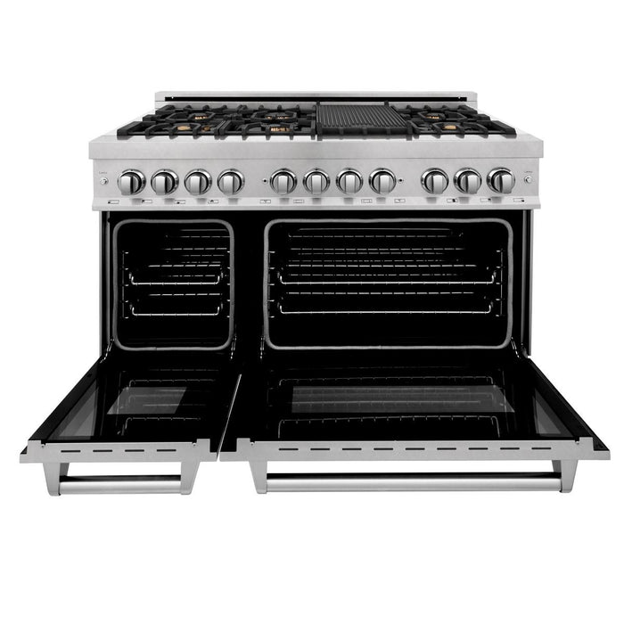 ZLINE 48" Dual Fuel Range, DuraSnow Stainless, Brass Burners, RAS - SN - BR - 48 - Farmhouse Kitchen and Bath