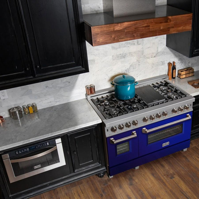 ZLINE 48" Dual Fuel Range in Snow Stainless, Blue Gloss Door, RAS - BG - 48 - Farmhouse Kitchen and Bath