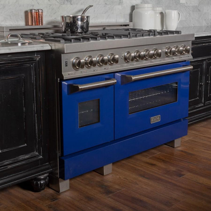 ZLINE 48" Dual Fuel Range in Snow Stainless, Blue Gloss Door, RAS - BG - 48 - Farmhouse Kitchen and Bath