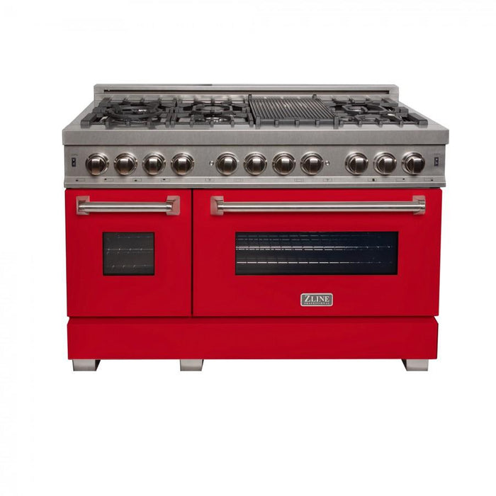 ZLINE 48" Dual Fuel Range Snow Stainless, Red Matte Door, RAS - RM - 48 - Farmhouse Kitchen and Bath