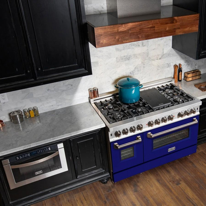 ZLINE 48" Professional Dual Fuel Range with Blue Matte Door, RA - BM - 48 - Farmhouse Kitchen and Bath
