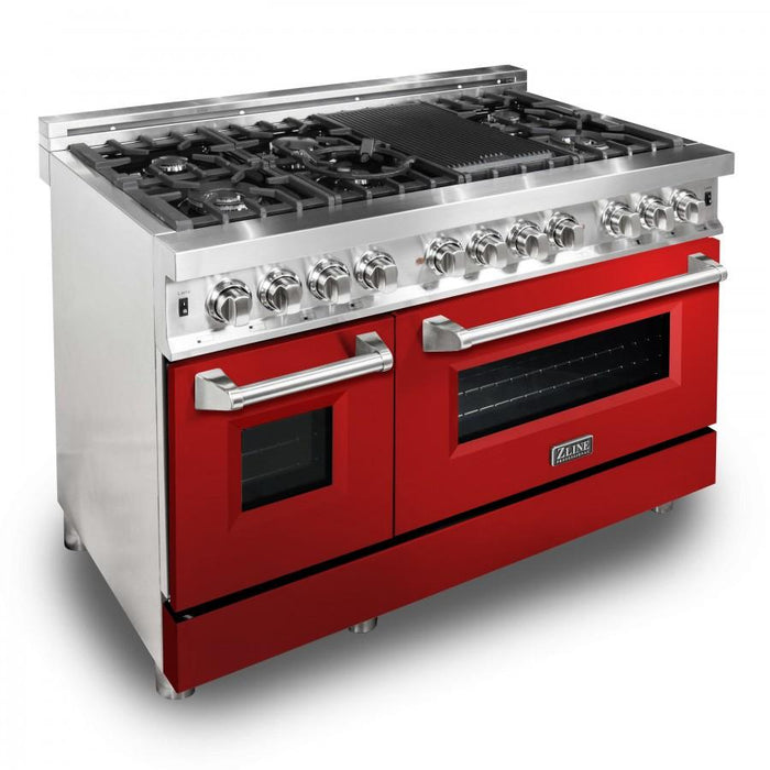 ZLINE 48" Professional Dual Fuel Range with Red Gloss Door, RA - RG - 48 - Farmhouse Kitchen and Bath