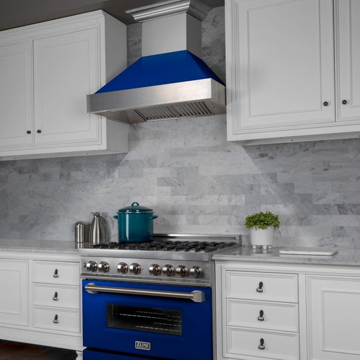 ZLINE 48" Snow Finish Wall Range Hood, Blue Gloss Shell, 8654BG - 48 - Farmhouse Kitchen and Bath
