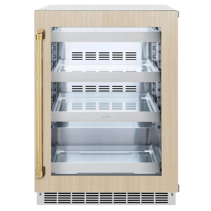 ZLINE Autograph Edition 24 in. Touchstone 151 Can Beverage Fridge With Panel Ready Glass Door And Polished Gold Handle RBSPOZ - 24 - G - Farmhouse Kitchen and Bath