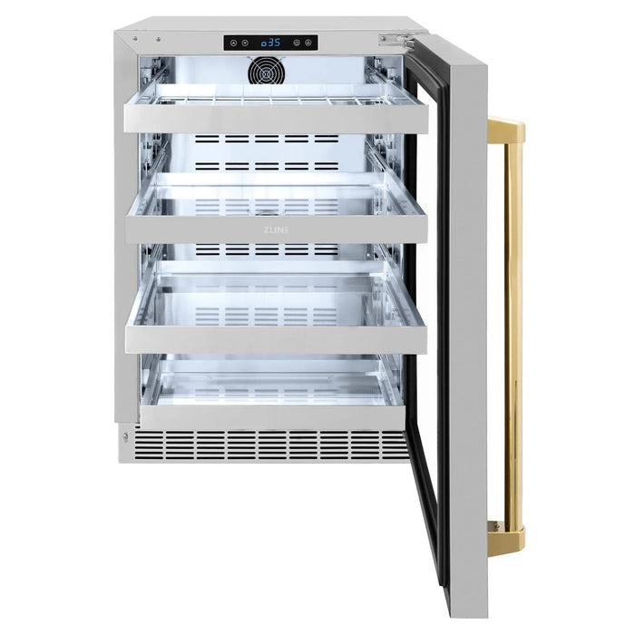 ZLINE Autograph Edition 24 in. Touchstone 151 Can Beverage Fridge With Stainless Steel Glass Door And Polished Gold Handle RBSOZ - GS - 24 - G - Farmhouse Kitchen and Bath