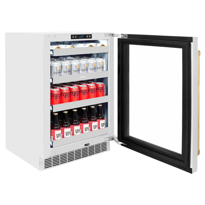 ZLINE Autograph Edition 24 in. Touchstone 151 Can Beverage Fridge With Stainless Steel Glass Door And Polished Gold Handle RBSOZ - GS - 24 - G - Farmhouse Kitchen and Bath