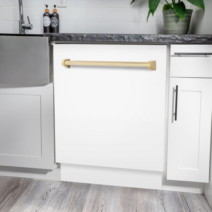 ZLINE Autograph White Door 24" Dishwasher, Gold Handle DWVZ - WM - 24 - G - Farmhouse Kitchen and Bath